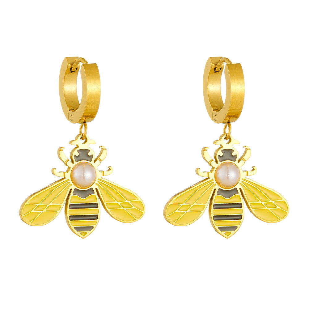 Fashion Elegant Round Stainless Steel Gold Plated Drip Oil Bee Insect Hoop Earrings with Imitation Pearl