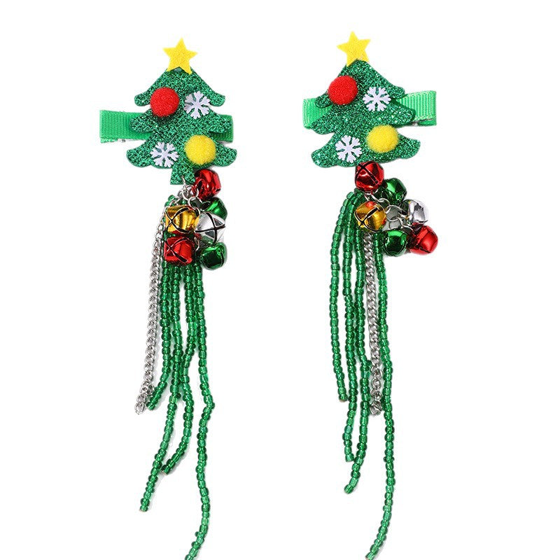 Fermaglio per capelli a forma di albero di Natale per bambini con nappe e perline di vetro in colore verde, stile festivo per le vacanze