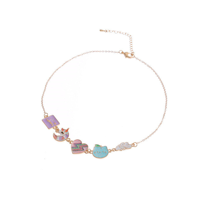 Cartoon Style Cloud and Unicorn Pendant Necklace for Kids Made of Alloy with Enamel Finish on Cross Chain
