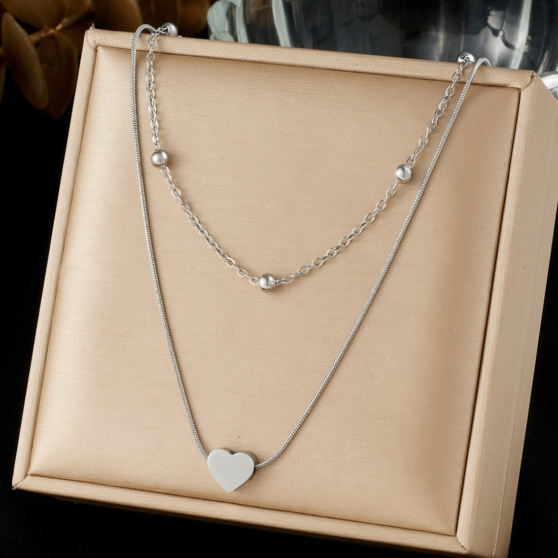 Minimalist Heart Gold Plated Stainless Steel Necklace with Beaded Double Layer Snake Chain for Women