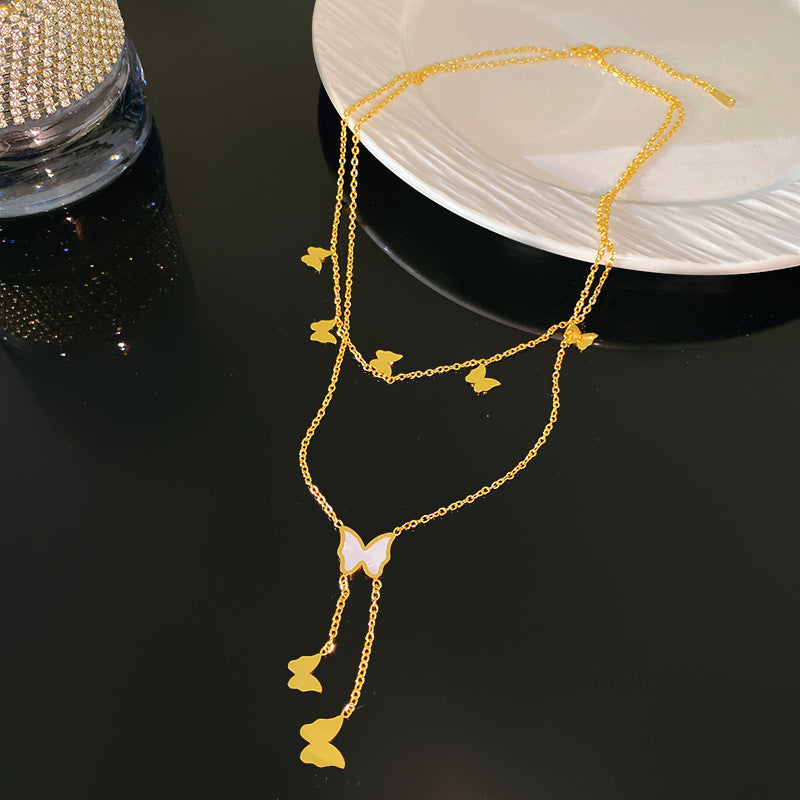 Vintage Sweet Gold Plated Butterfly Roman Number Pendant Necklace Titanium Steel Unisex