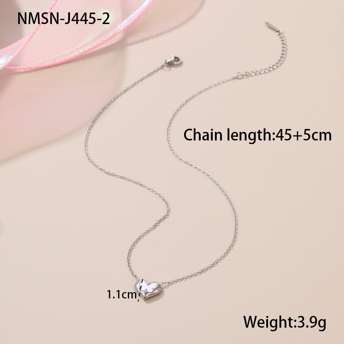 Collana da donna alla moda con farfalla e cuore in acciaio inossidabile placcato oro 18K — Catena con medaglione minimalista