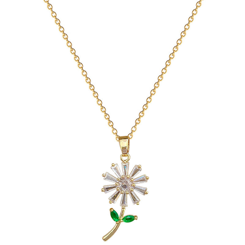 Minimalist Leaf and Floral Pendant Necklace for Women with Rhinestone Inlay on Titanium Steel Snake Chain