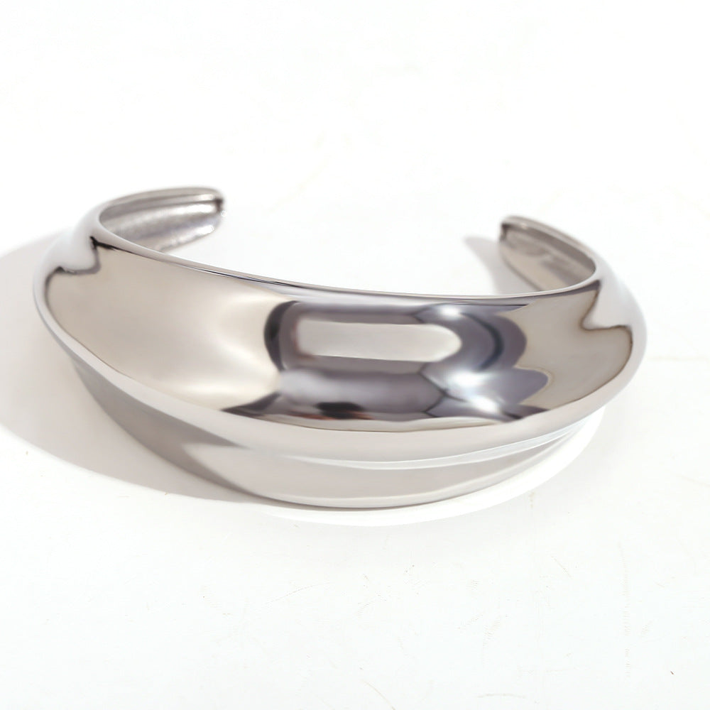 Minimalist Geometric Stainless Steel Bracelet for Women with 18K Gold Plating and Concave-Convex Curved Surface
