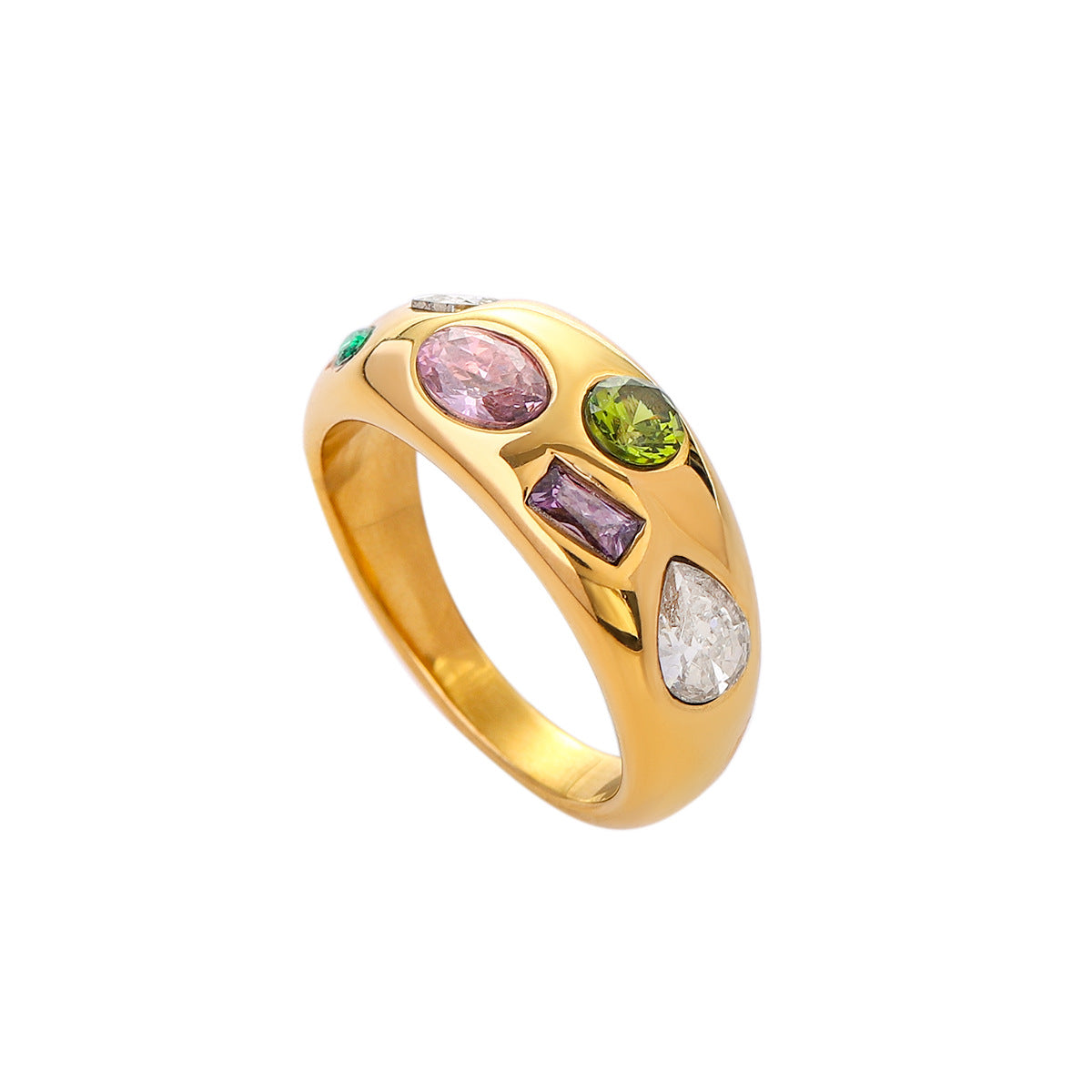 18K Gold Plated Geometric Round Stainless Steel Ring with Colorful Cubic Zirconia for Women