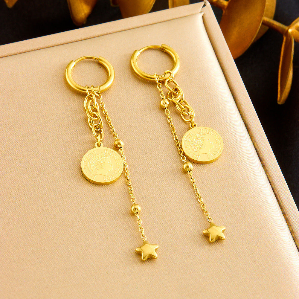 Vintage Gold Plated Stainless Steel Coin Round Star Pendant Tassel Jewelry Set with Box Chain