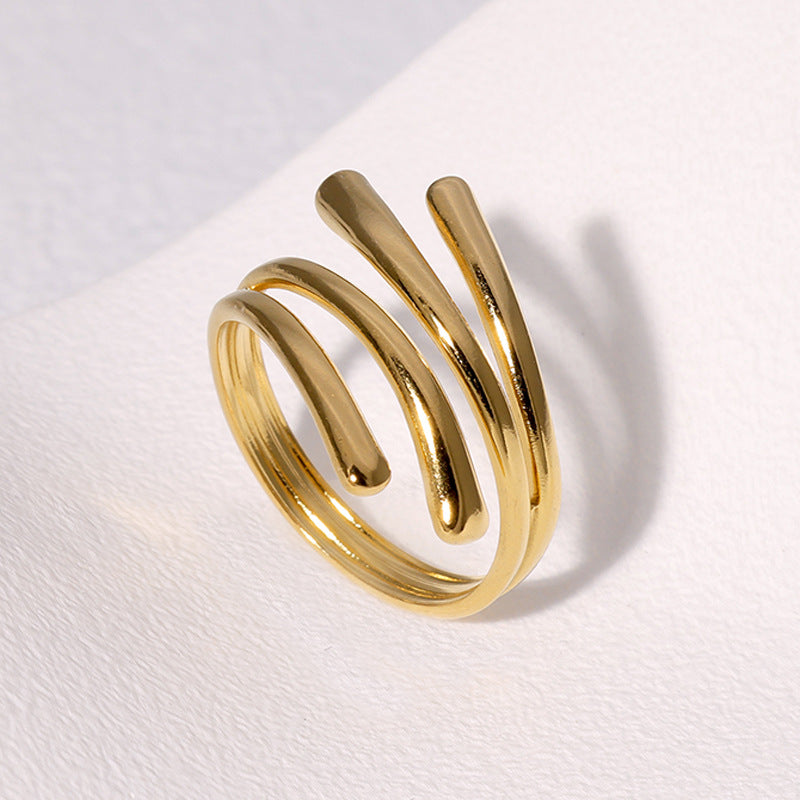 Minimalist Geometric Line Open-End Ring in Stainless Steel with Gold Plating for Women