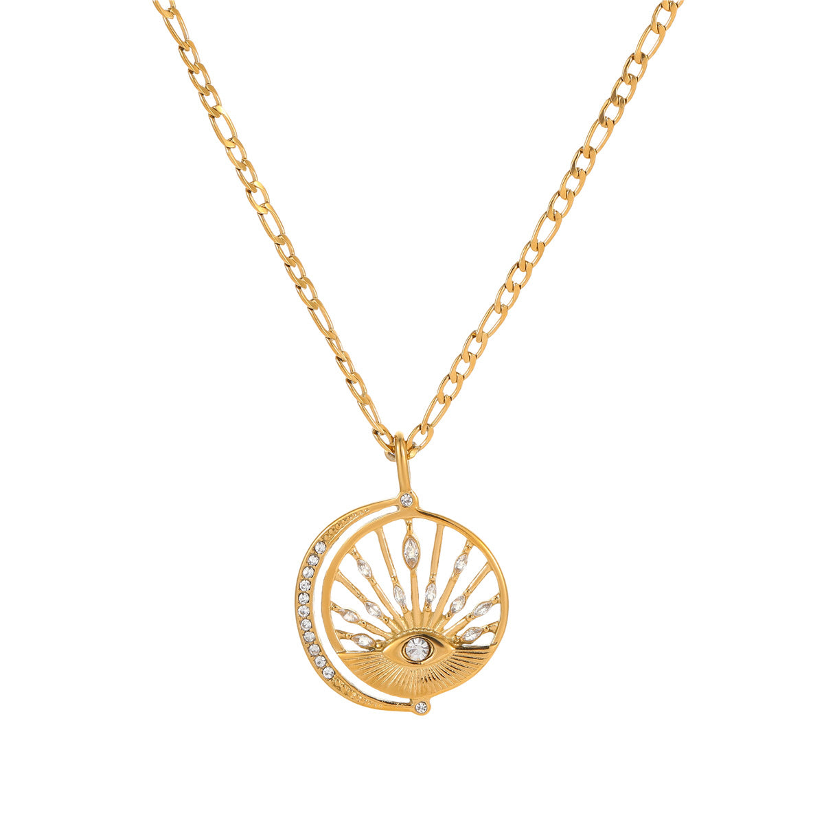 Collana con ciondolo geometrico in acciaio inossidabile di tendenza con intarsio di strass e finitura galvanica da donna