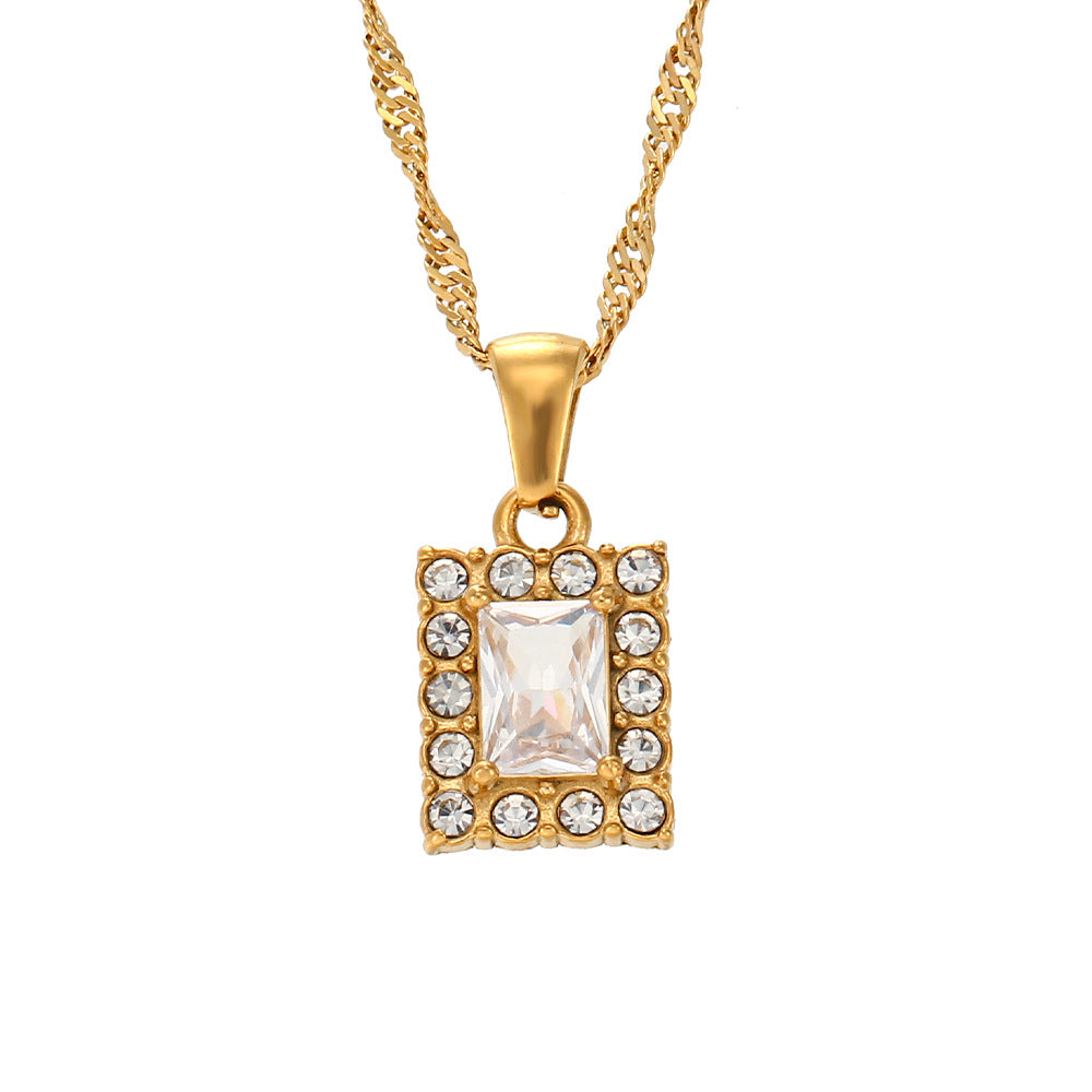 Collana da donna con pendente quadrato in zircone placcato in acciaio inossidabile geometrico minimalista con catena ondulata