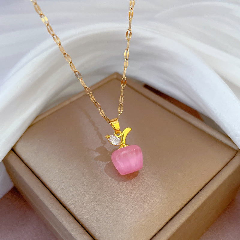 Cartoon Fresh and Sweet Titanium Steel Geometric Apple Pendant Necklace with Rhinestone Inlay