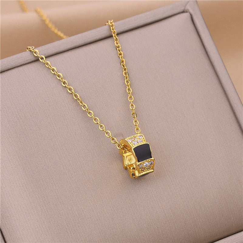 Minimalist 18K Rose Gold Plated Titanium Steel Snake Chain Necklace with Rhinestone and White Mother of Pearl Water Drop Pendant