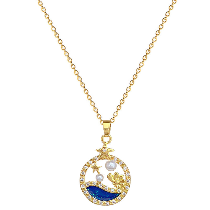 Collar con colgante circular de perlas de acero de titanio minimalista con detalles de diamantes de imitación para mujer, cadena con medallón geométrico