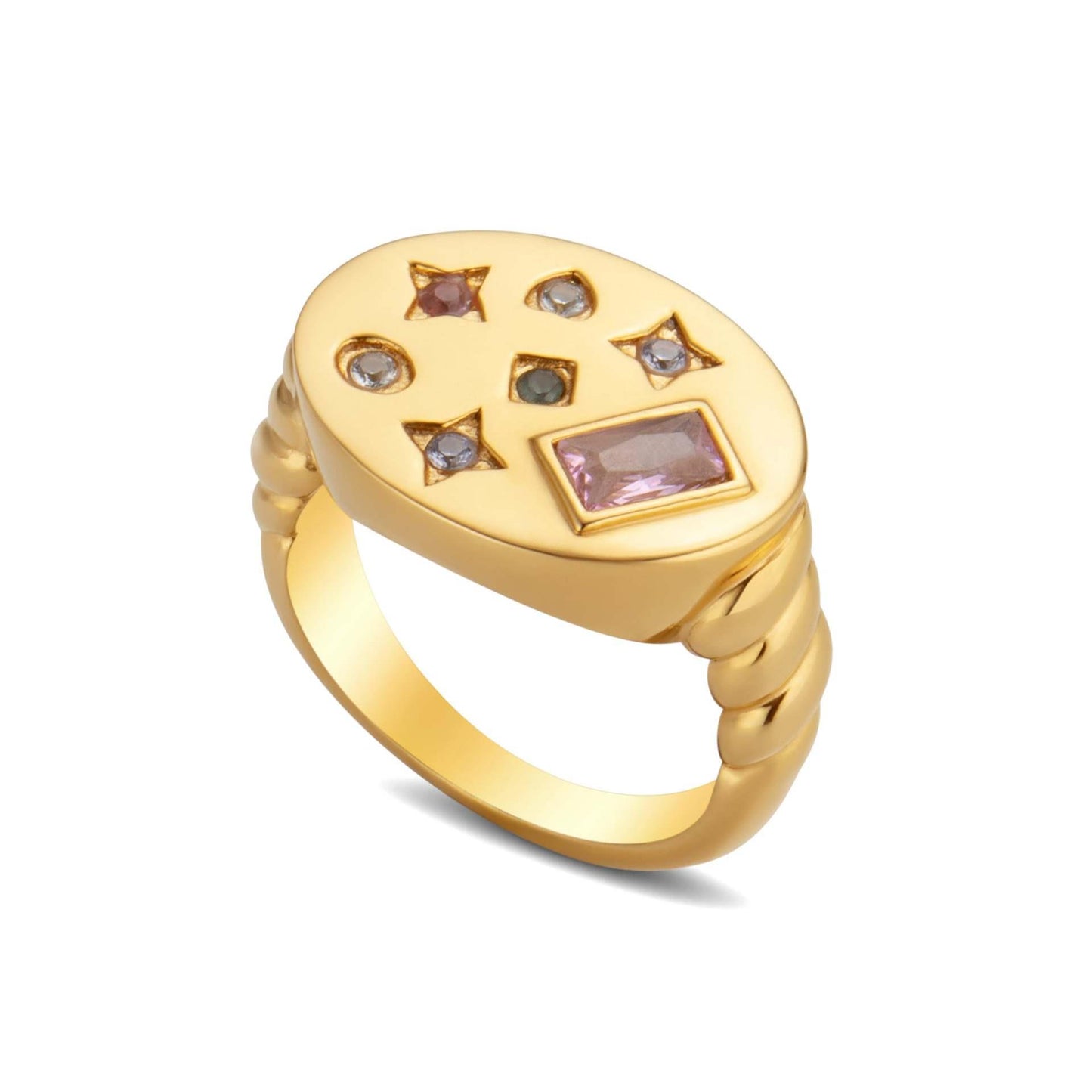Cute Geometric Galaxy Star Map Ring with Zircon Stars and Moon, Gold-Plated Copper Ring for Women