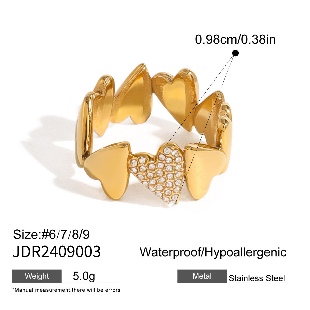 Elegant Heart Geometric Stainless Steel Ring PVD Gold Plated Women's Jewelry