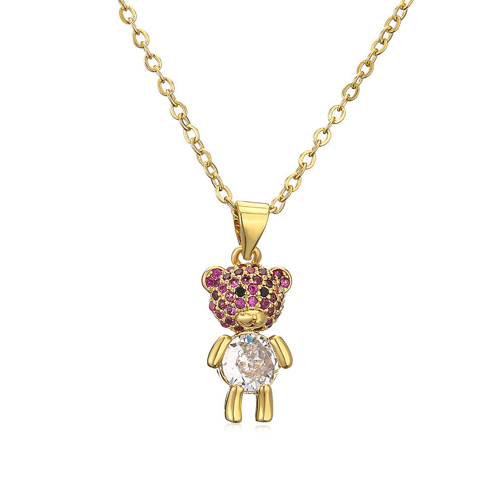 Minimalist Bear-Shaped Copper Pendant Necklace for Women with Cubic Zirconia Accents