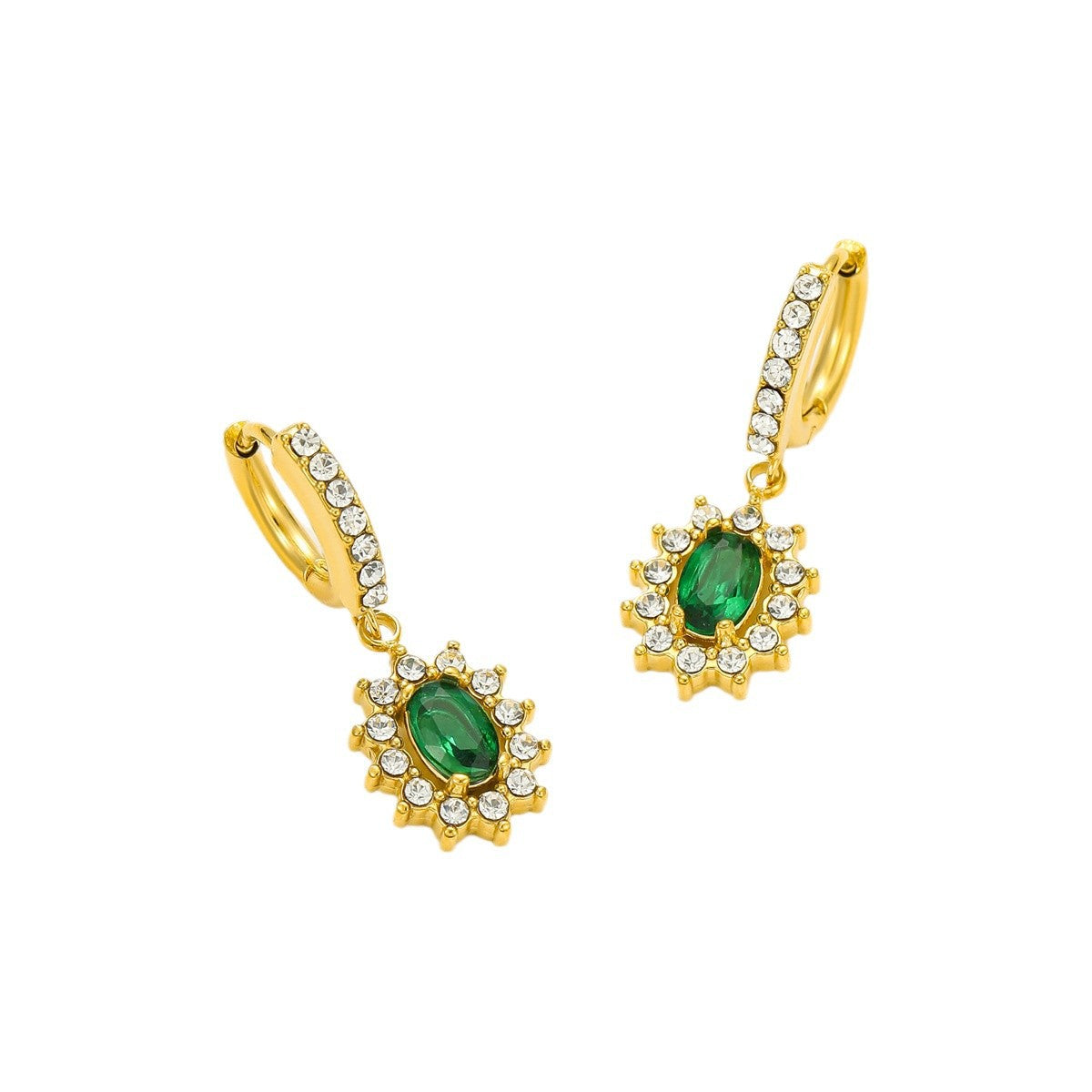 Aretes colgantes de acero inoxidable chapado en oro de 18 quilates con diseño minimalista en forma de girasol, incrustaciones de circonia y acento de esmeralda