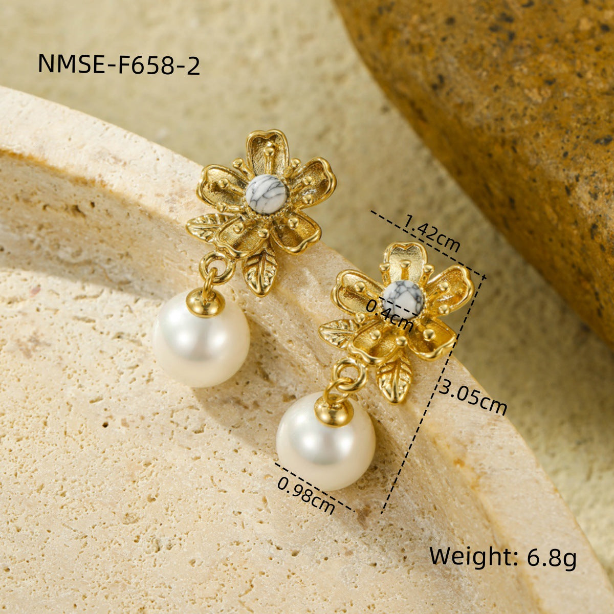 Pendientes colgantes florales de estilo vintage con piedras naturales y detalles de perlas en acero inoxidable con acabado chapado para mujer