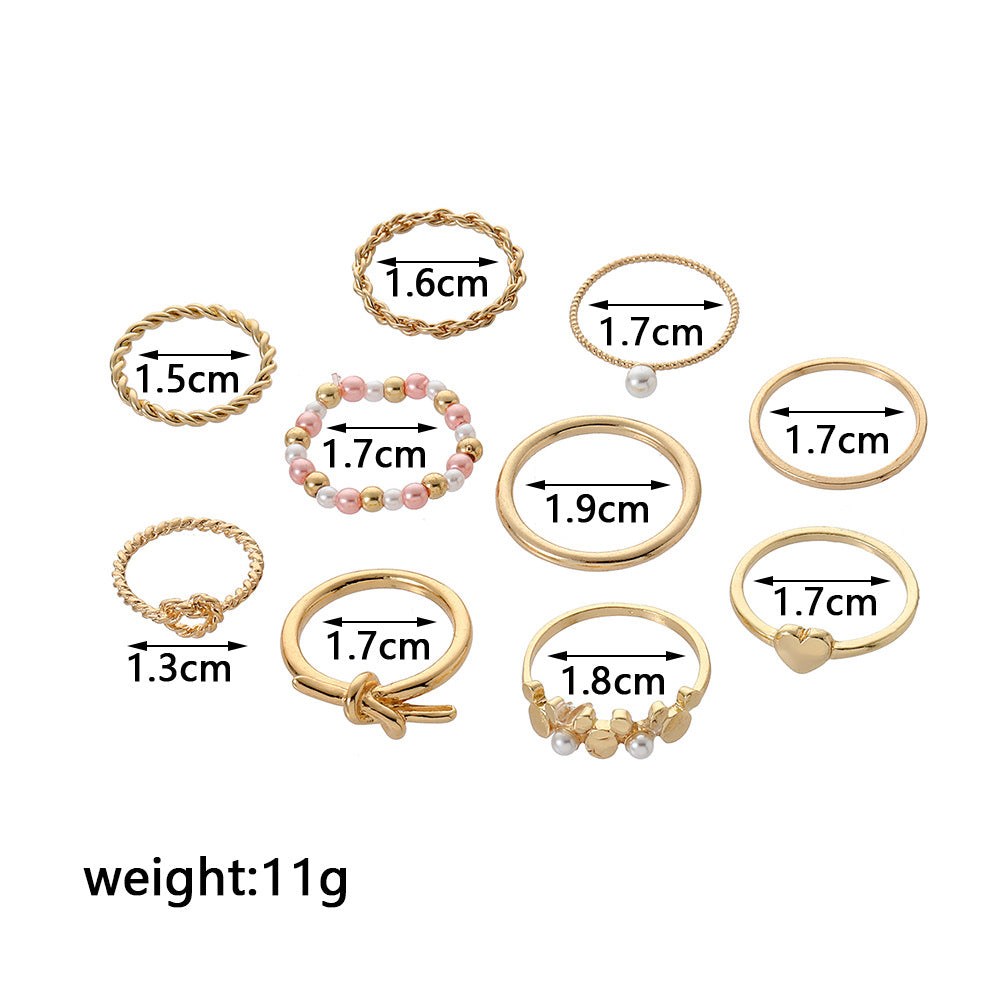 Sweet Gold Plated Geometric Heart Alloy Ring Set with Imitation Pearl for Women