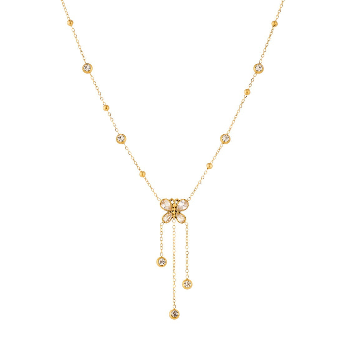 Minimalist Gold Plated Stainless Steel Butterfly Teardrop Pendant Necklace with Rhinestone Inlay and Tassel Chain for Women