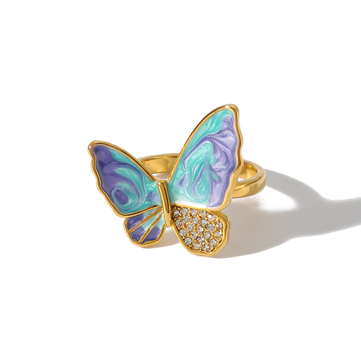 Vintage Butterfly-Shaped Stainless Steel Ring with 18K Gold Plating and Rhinestone Inlay for Women