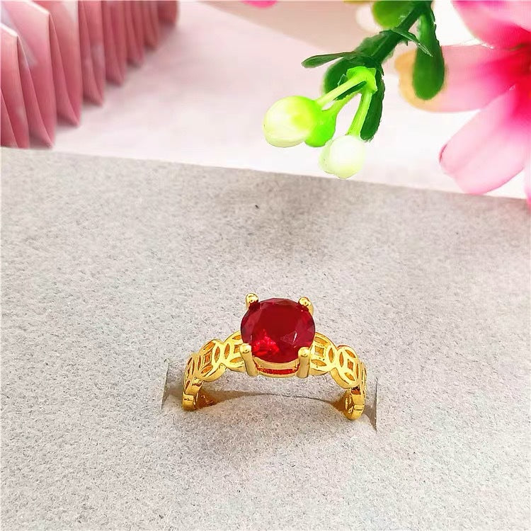 Minimalist Geometric Copper Coin Ring with Rhinestone Inlay and Gold Plating Adjustable Open Band for Women