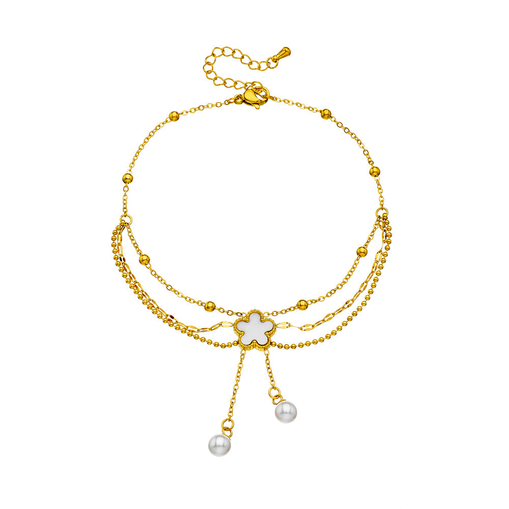 Floral Stainless Steel Anklet with Pearl and Shell Tassel for Women
