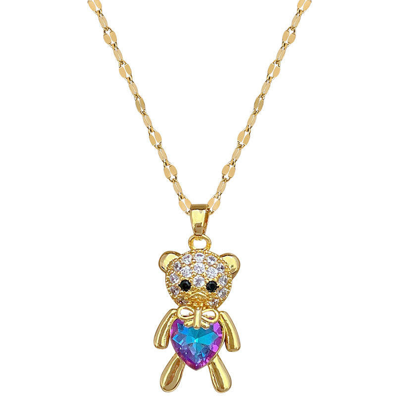 Minimalist Heart-Shaped Bear Pendant Necklace in Stainless Steel with Rhinestone Accents for Women and Men