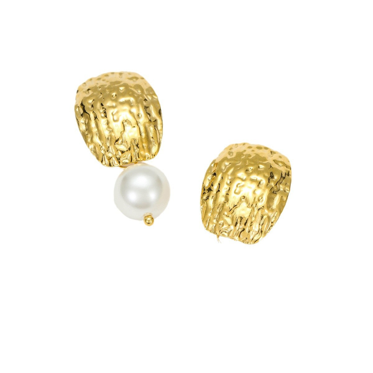 Vintage Geometric Square Hammered Stainless Steel Stud Earrings with Freshwater Pearl Accents and 18K Gold Plating