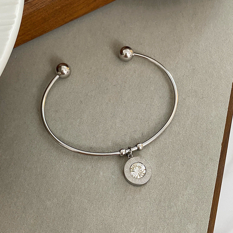 Minimalist Micro-Paved Cubic Zirconia Roman Number Open Cuff Titanium Steel Bracelet