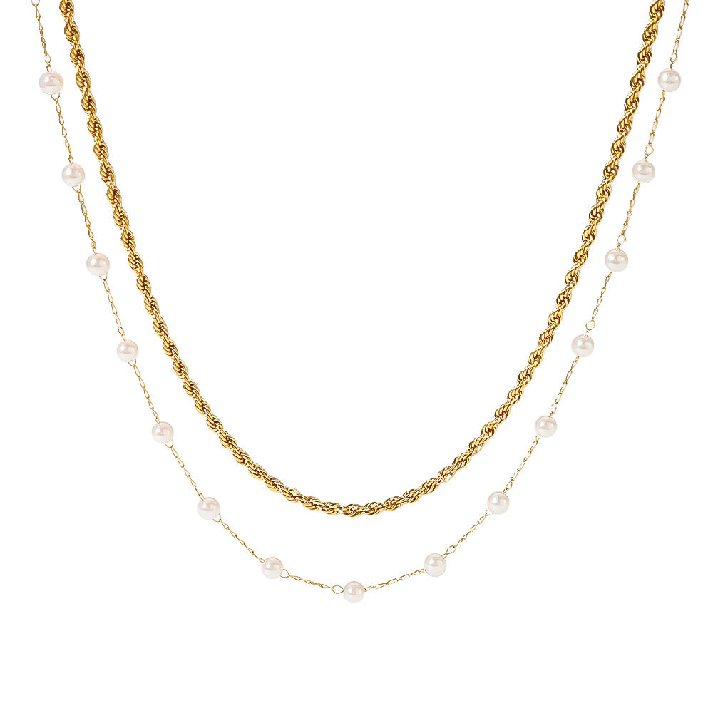 Collana con pendente geometrico minimalista da donna con catena in acciaio inossidabile placcato oro 18 carati con inserti di perle