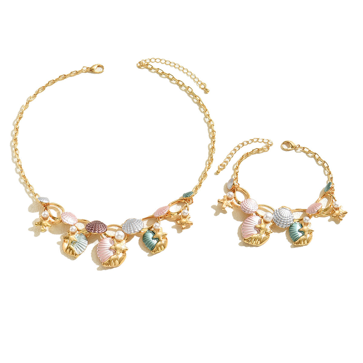Ocean-Inspired Geometric Starfish and Seashell Pendant Necklace Set with Pearl Inlay for Women