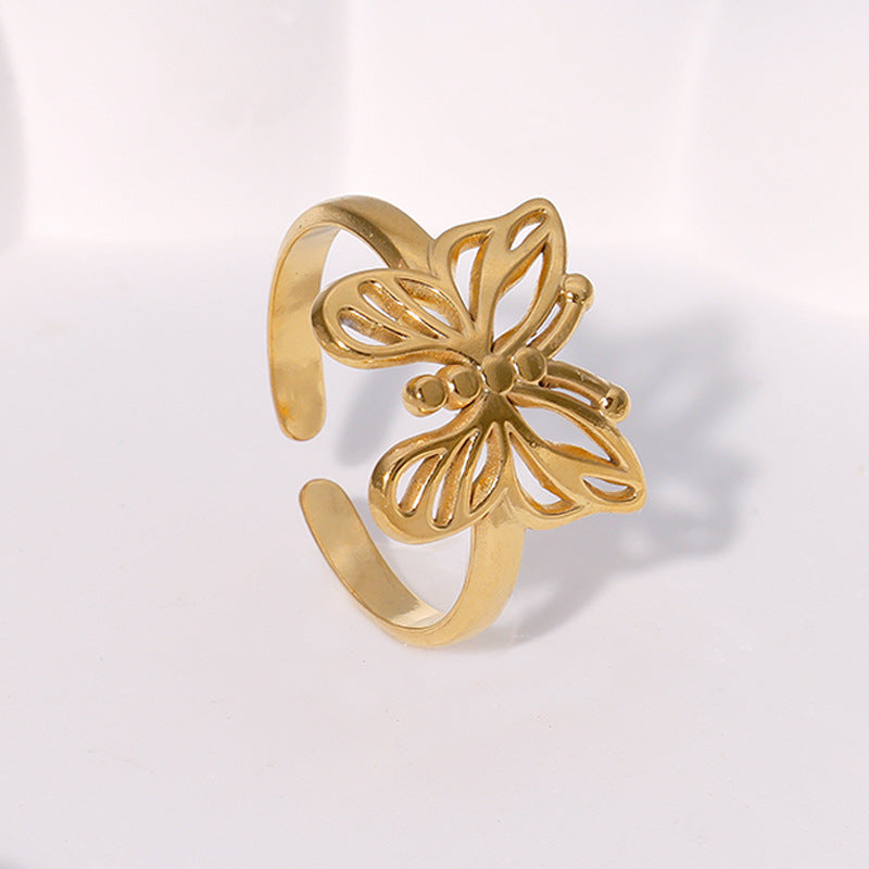 Anello Aperto Elegante a Forma di Farfalla per Donna in Acciaio Inossidabile con Placcatura in Oro 18K, Ipoallergenico e Resistente allo Sbiadimento