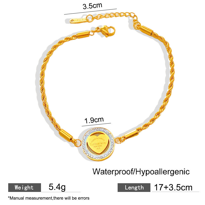 Minimalist Elegant Letter Heart Rhinestone Plated Titanium Steel Rope Chain Bracelet