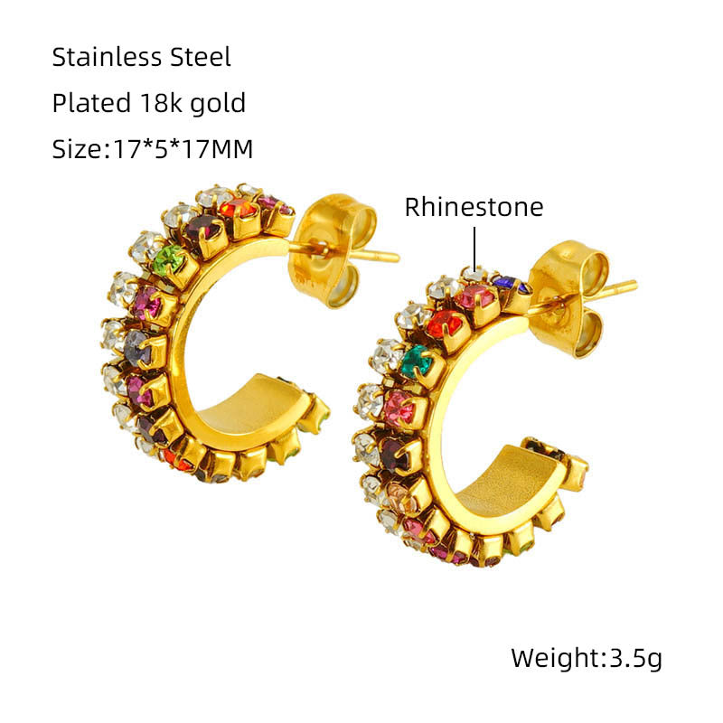 Orecchini da donna in acciaio inossidabile placcati oro 18 carati a forma di C geometrica, con intarsio di strass, alla moda