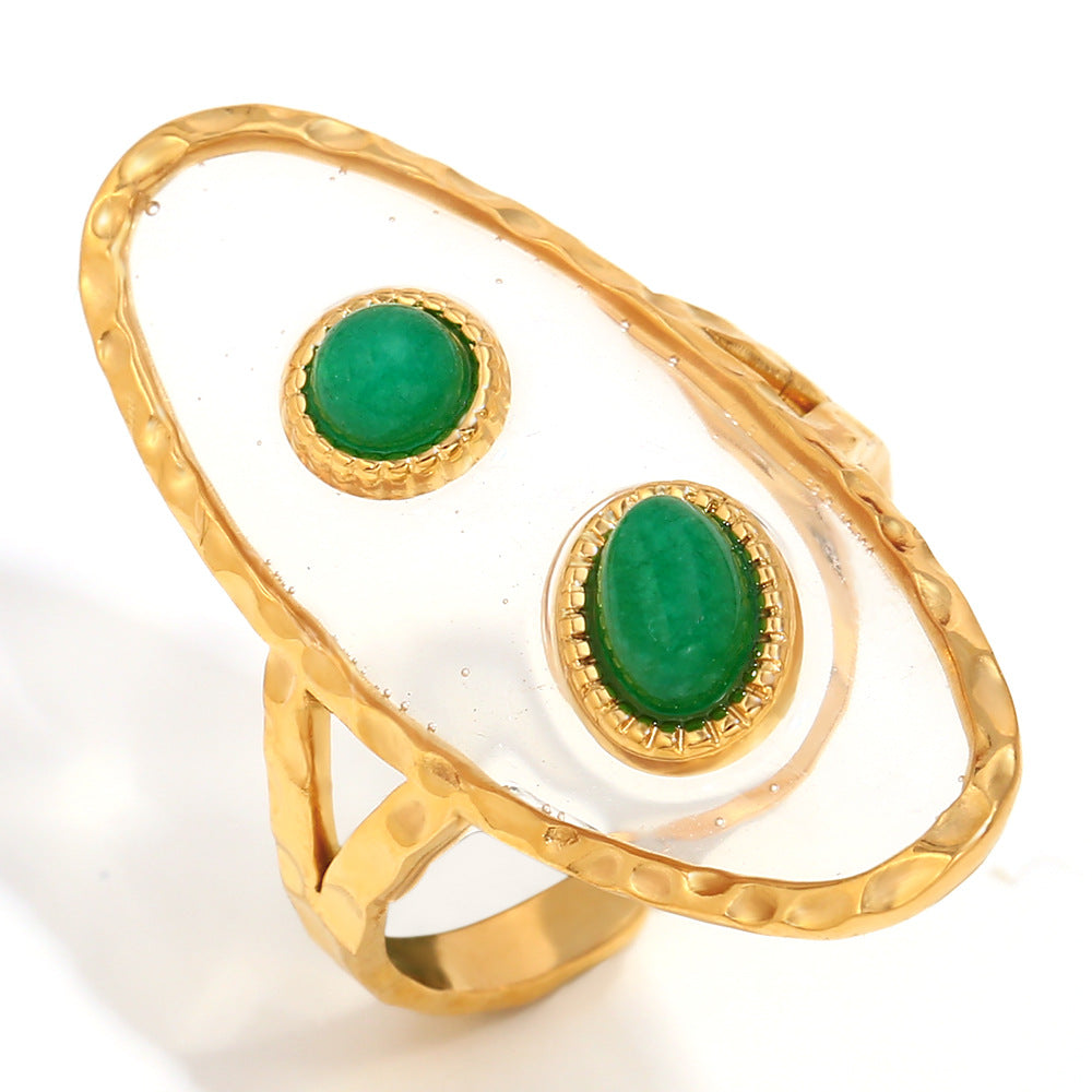 Anillo abierto de acrílico geométrico transparente verde estilo vintage de acero inoxidable con baño de oro de 18 quilates para mujer