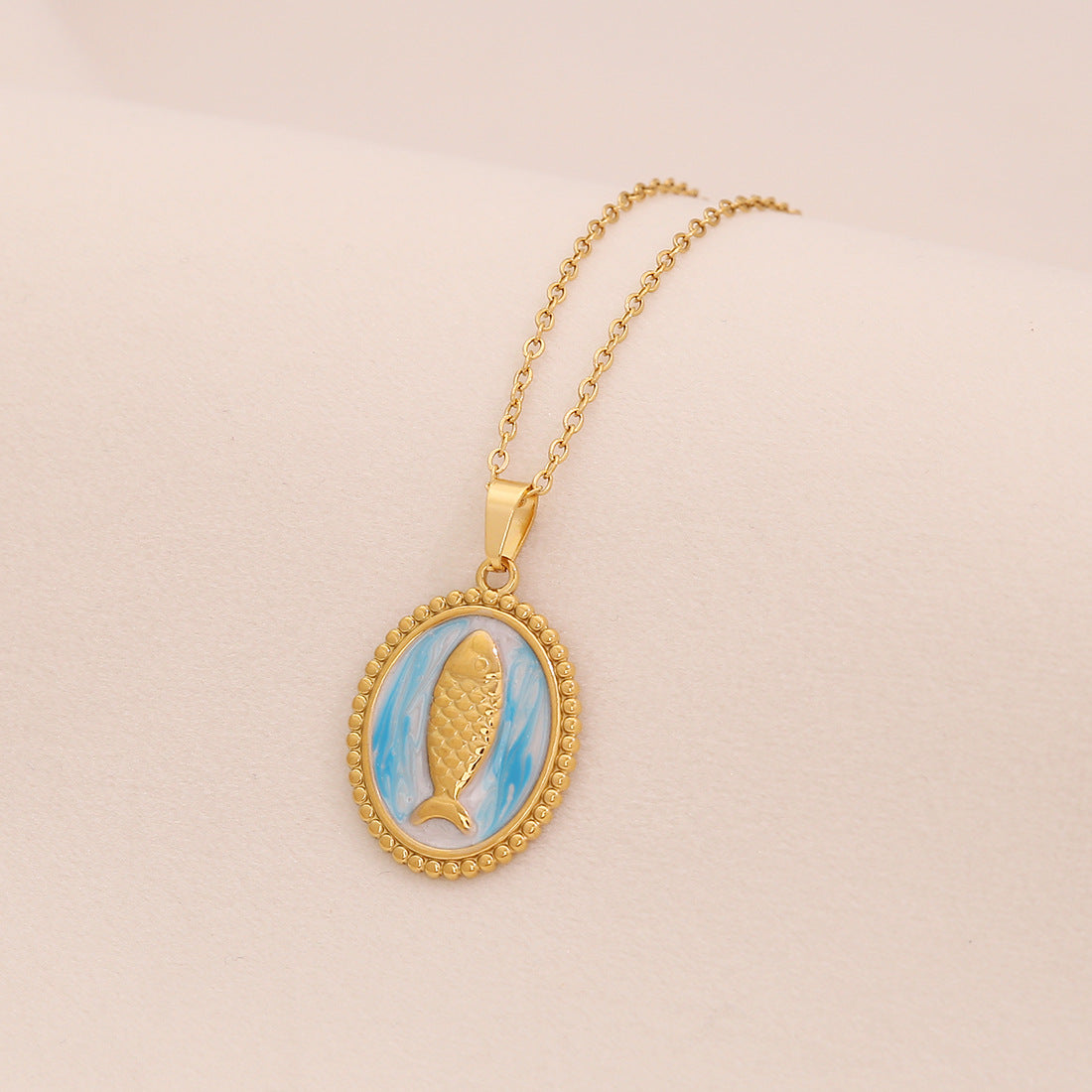 Vintage Fish-Shaped Enamel Stainless Steel Pendant Necklace with O-Chain for Women
