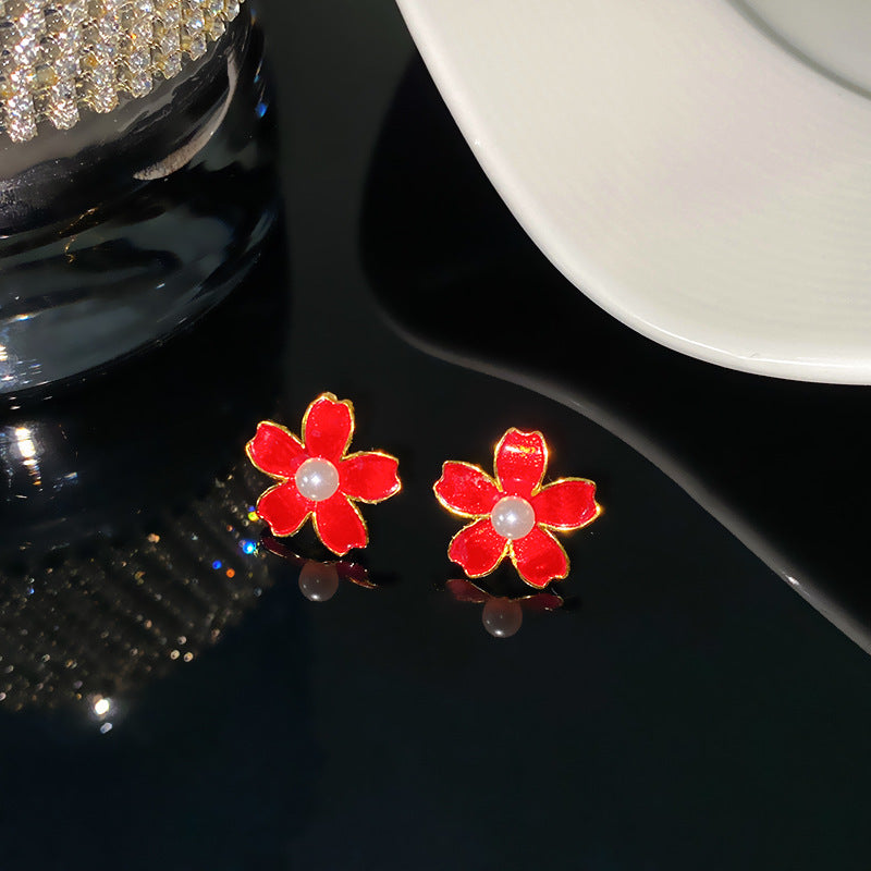 Sweet Elegant Camellia Flower Brass Plated Necklace and Earring Set with Cable Chain for Women