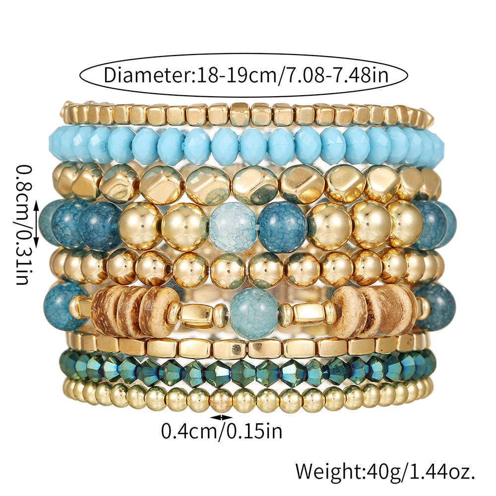 Bohemian Blue Geometric Round Wood and Crystal Beaded Bracelet Set