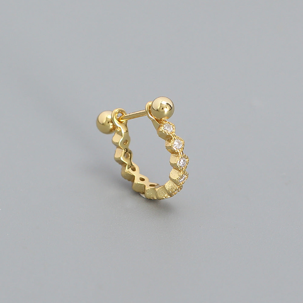 Sweet-Edgy Geometric Rhinestone-Inlaid Round Ear Cuffs for Cartilage Piercing in Sterling Silver 925
