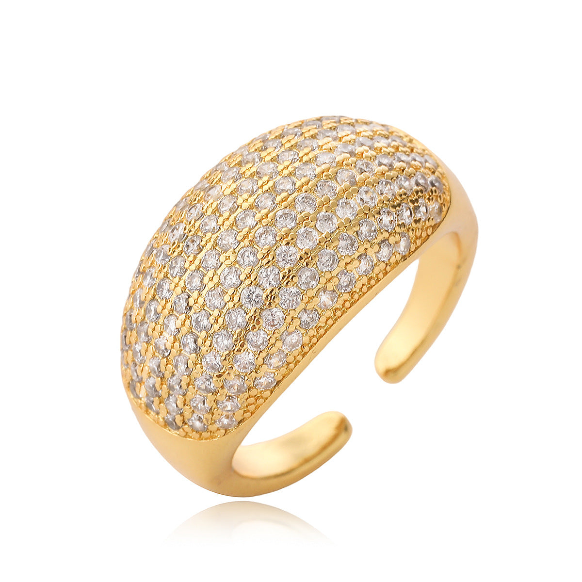 Anello Aperto Geometrico Minimalista da Donna in Ottone Placcato Oro 18K con Intarsio di Zirconi