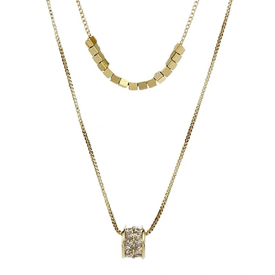 Collar Minimalista de Doble Capa con Zirconia, Colgante Geométrico, de Acero Inoxidable Chapado, Cadena O, Unisex