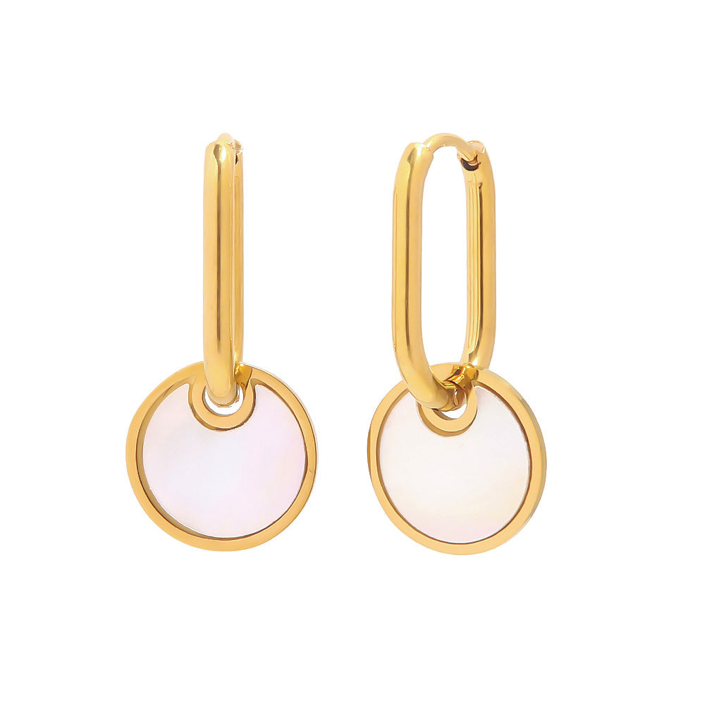 Minimalist Geometric Titanium Steel Earrings with 18K White Mother-of-Pearl Round Pendants Electroplated Finish