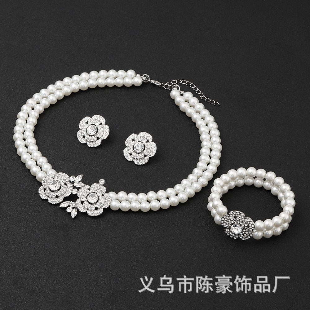 Floral Pearl Necklace Set with Matching Earrings and Bracelet for Women, Art Deco Style Costume Jewelry with Alloy Pendant and Plated Finish