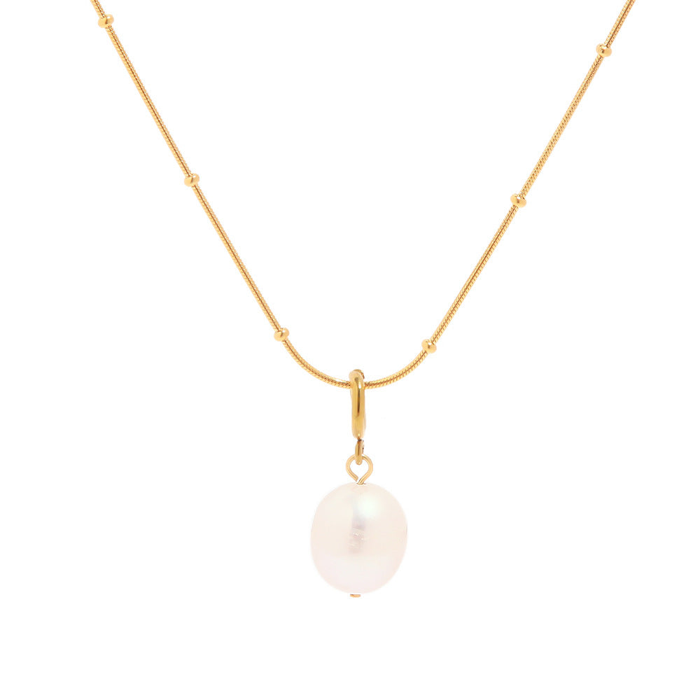 Minimalist Geometric Titanium Steel Necklace with Natural Pearl Pendant and Electroplated Finish for Women