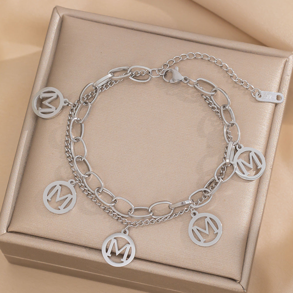 Minimalist Letter M Double-Layer Titanium Steel Bracelet for Women with Electroplated Finish
