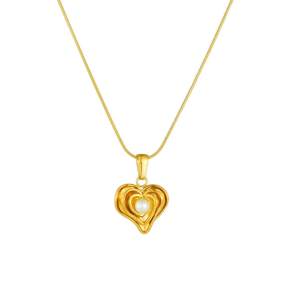 Minimalist Gold Plated Irregular Heart Pearl Pendant Stainless Steel Snake Chain Necklace for Women