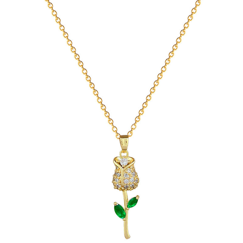 Minimalist Leaf and Rose Floral Pendant Necklace for Women in Titanium Steel with Rhinestone Inlay and Delicate Clavicle Chain