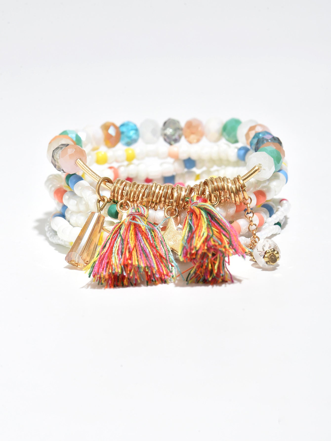 Bracciale donna multistrato bohémien con perline geometriche, nappa e ciondolo a stella