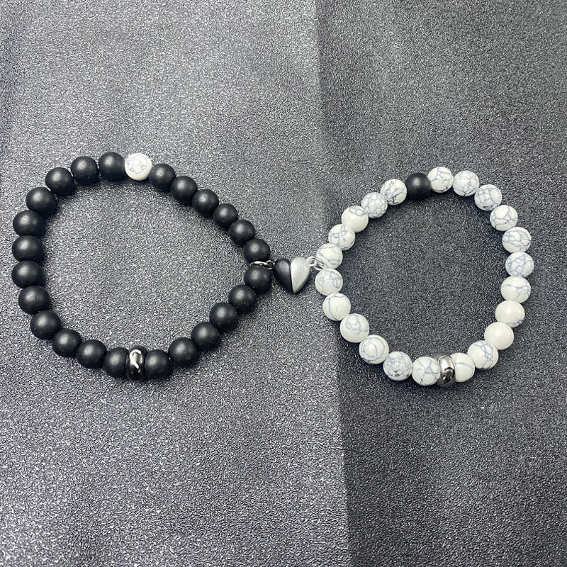 Geometric Black and White Beaded Stainless Steel Bracelet Set for Couples