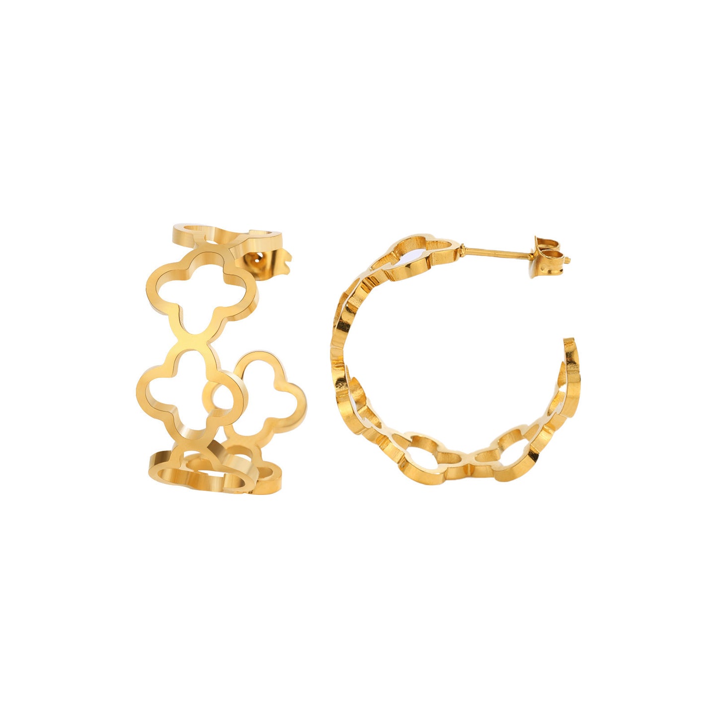 Elegant 18K Gold Plated Stainless Steel Hollow Four-Leaf Clover Floral Hoop Earrings for Women